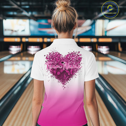 Custom Pink Butterflies Heart Bowling Women Quarter-Zip Shirts, Bowling League Shirt IPHW10235
