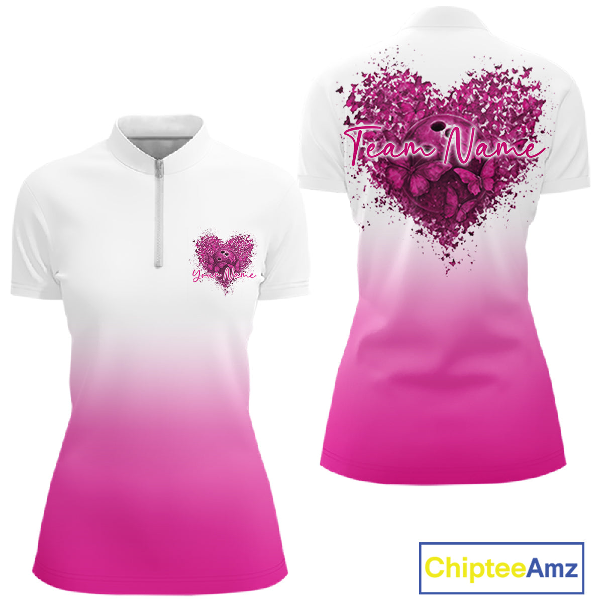 Custom Pink Butterflies Heart Bowling Women Quarter-Zip Shirts, Bowling League Shirt IPHW10235