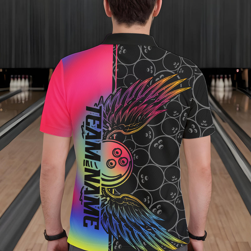Colorful Rainbow Custom Bowling Tournament Men Polo Shirts, Bowling Ball And Wings Jerseys IPHW8846