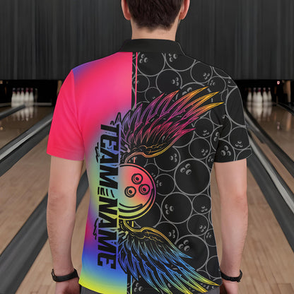Colorful Rainbow Custom Bowling Tournament Men Polo Shirts, Bowling Ball And Wings Jerseys IPHW8846