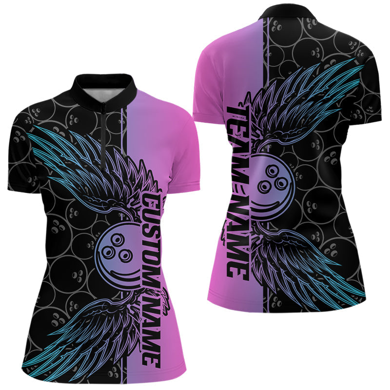 Blue And Pink Custom Bowling Tournament Women Quarter-Zip Shirts, Bowling Ball And Wings IPHW8847