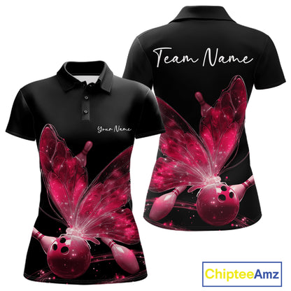 Custom Pink Galaxy Butterfly Bowling Women Polo Shirts, Ladies Bowling Team Outfit IPHW10942
