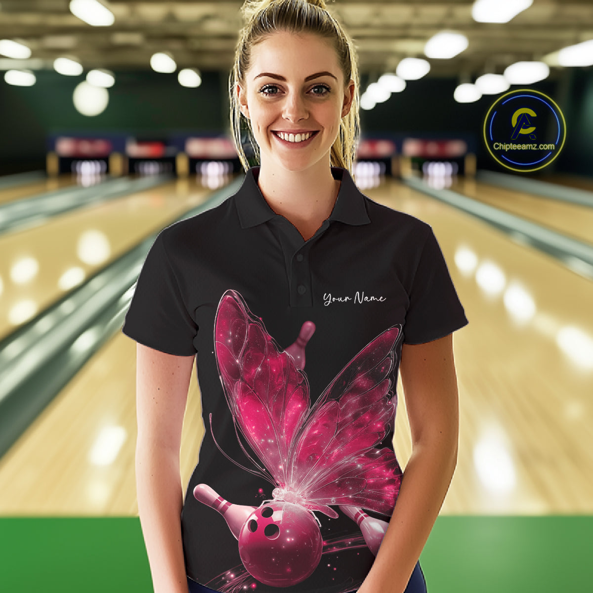 Custom Pink Galaxy Butterfly Bowling Women Polo Shirts, Ladies Bowling Team Outfit IPHW10942