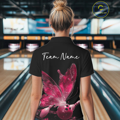 Custom Pink Galaxy Butterfly Bowling Women Polo Shirts, Ladies Bowling Team Outfit IPHW10942
