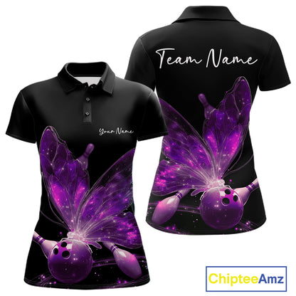 Custom Purple Galaxy Butterfly Bowling Women Polo Shirts, Ladies Bowling Team Outfit IPHW10944