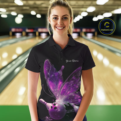 Custom Purple Galaxy Butterfly Bowling Women Polo Shirts, Ladies Bowling Team Outfit IPHW10944