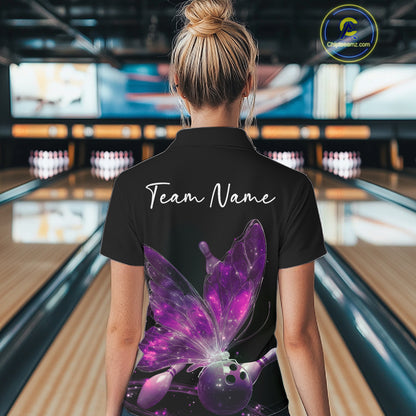 Custom Purple Galaxy Butterfly Bowling Women Polo Shirts, Ladies Bowling Team Outfit IPHW10944