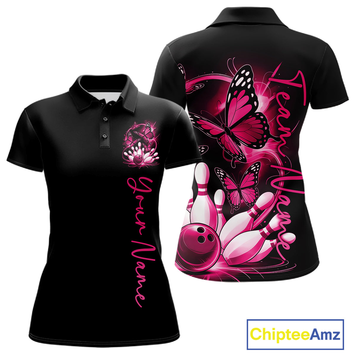 Custom Pink Butterfly Bowling Women Polo Shirts With Team Name, Bowling Uniform IPHW10945