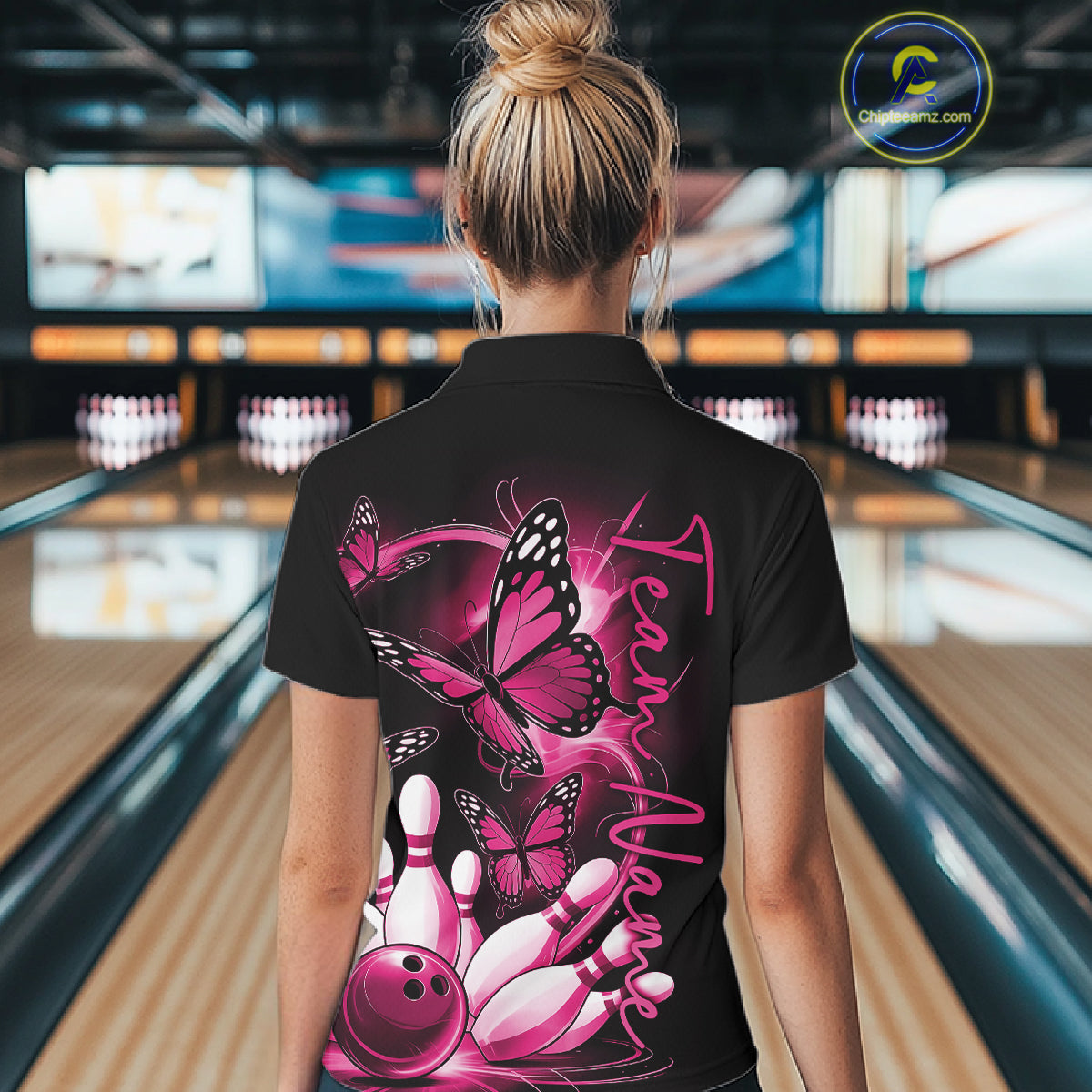 Custom Pink Butterfly Bowling Women Polo Shirts With Team Name, Bowling Uniform IPHW10945