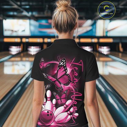 Custom Pink Butterfly Bowling Women Polo Shirts With Team Name, Bowling Uniform IPHW10945