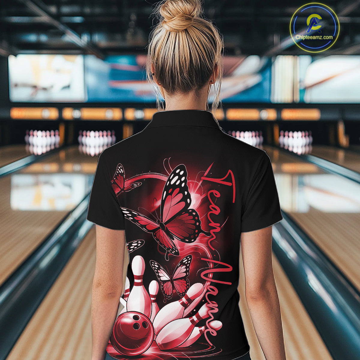 Custom Red Butterfly Bowling Women Quarter-Zip Shirts With Team Name, Bowling Uniform IPHW10946