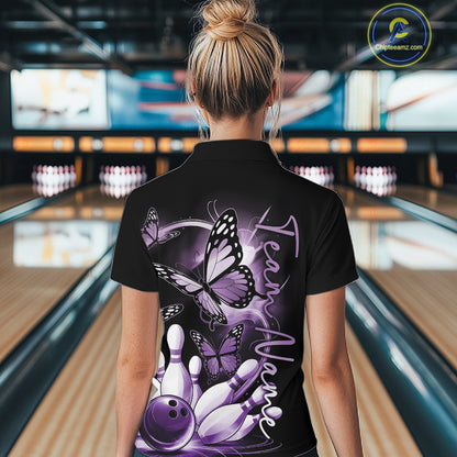 Custom Blue Butterfly Bowling Women Quarter-Zip Shirts With Team Name, Bowling Uniform IPHW10947