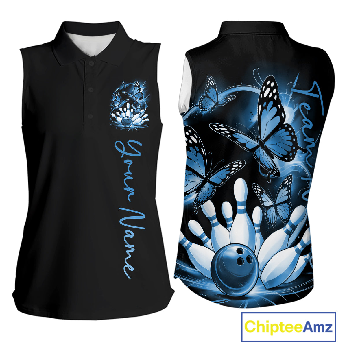 Custom Purple Butterfly Bowling Women Sleeveless Polo Shirts With Team Name, Bowling Uniform IPHW10948