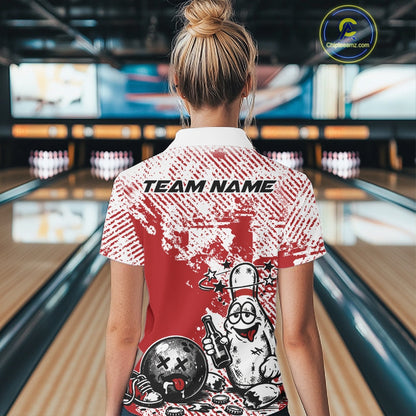 Back view of a female bowler wearing a red and white polo shirt, drunk cartoon bowling pin illustration holding beer bottle and bowling ball with grunge texture design.