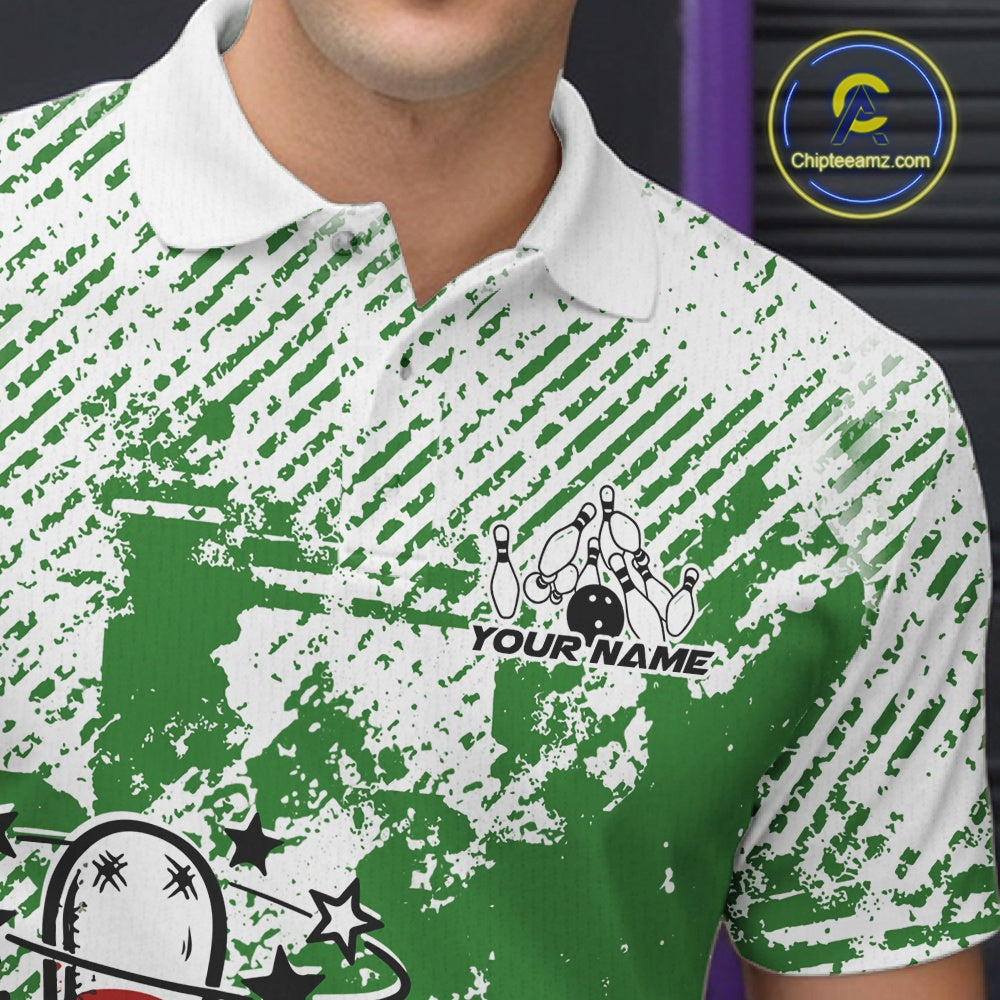 Close-up view of left chest area of a green and white polo shirt, showing detailed small drunk bowling pin graphic holding beer bottle and bowling ball.