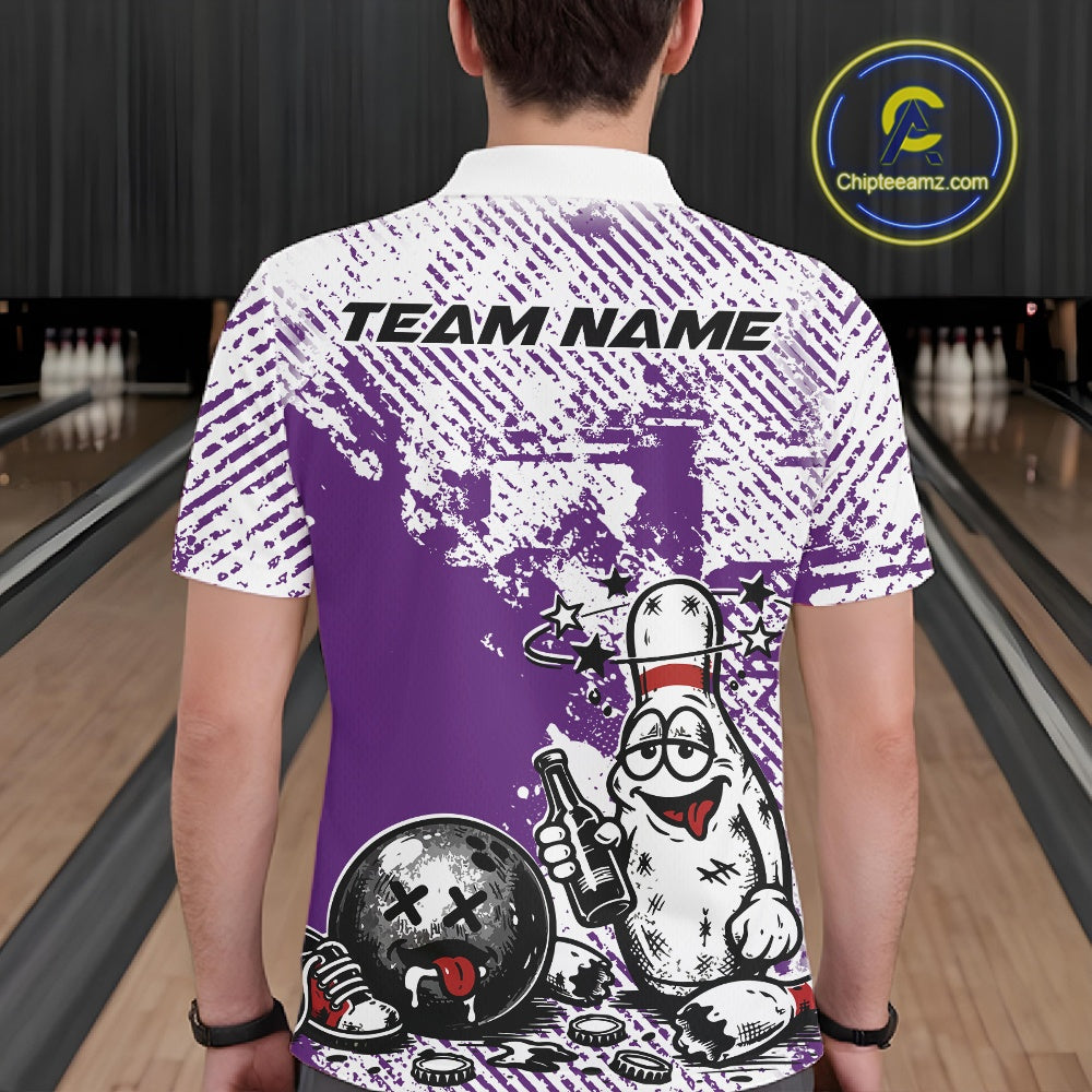 Back view of a male bowler wearing a purple and white polo shirt, grunge-style drunk cartoon bowling pin artwork with beer bottle and bowling ball.