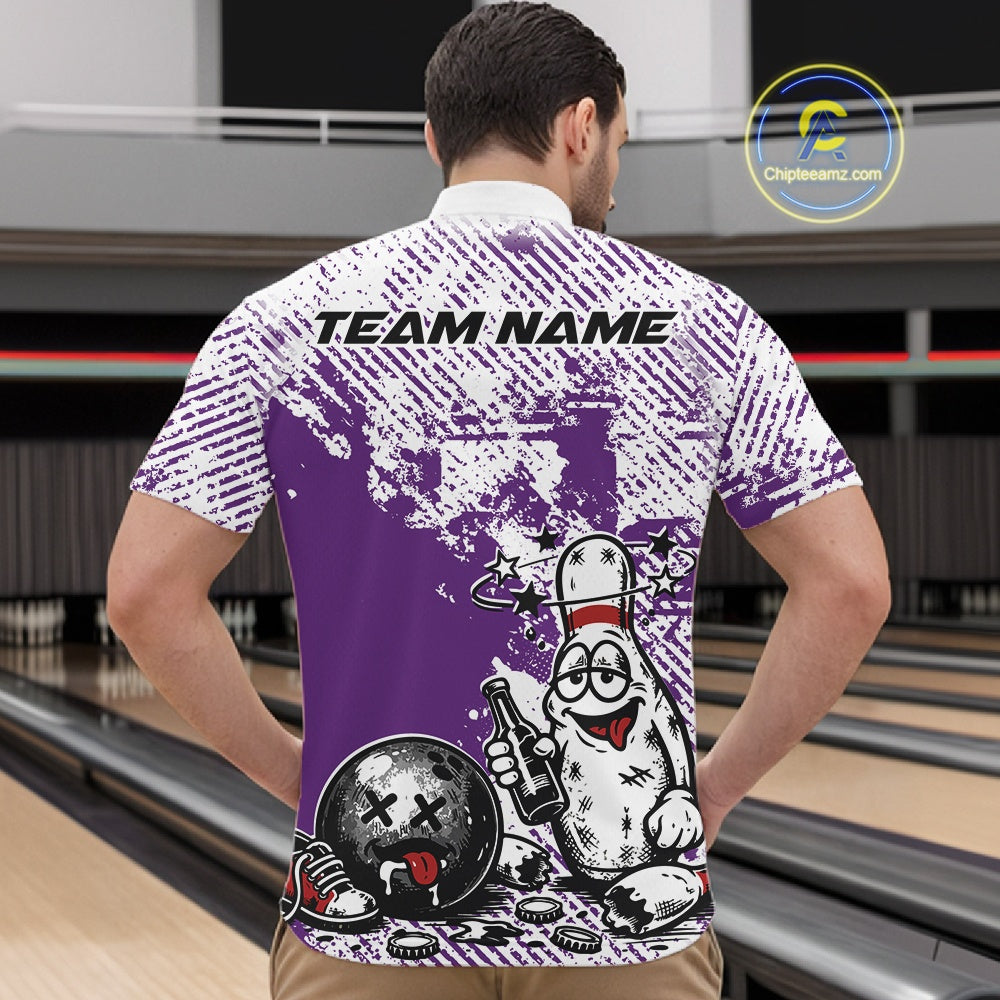 Male model at a bowling lane wearing a purple and white quarter-zip shirt, playful drunk bowling pin holding beer bottle and bowling ball artwork.