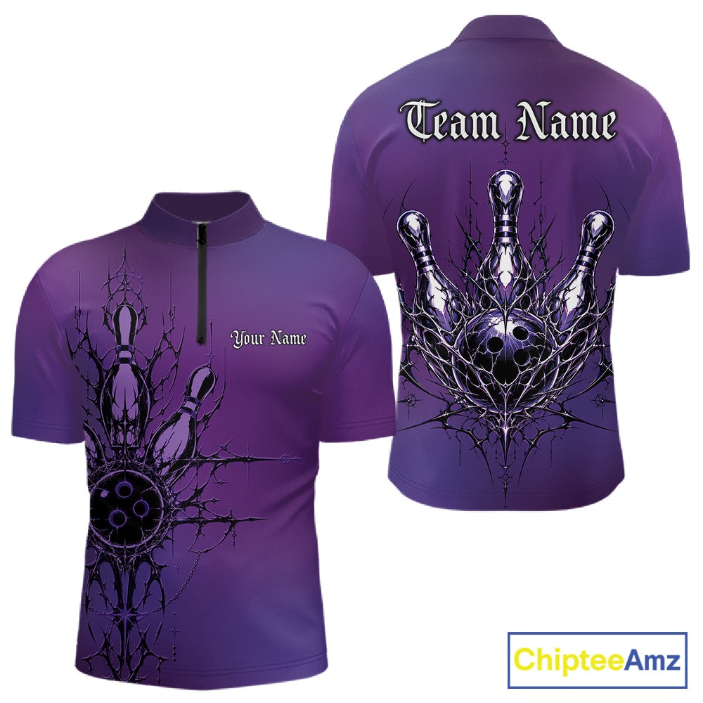 Purple bowling shirt with black graphics and text space on a white background