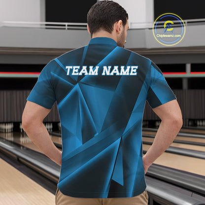Man wearing a blue bowling shirt with 'TEAM NAME' on the back, standing on a bowling lane.
