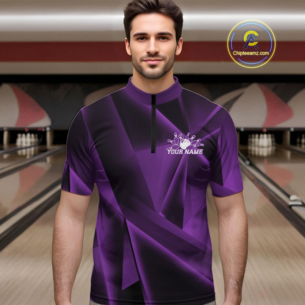 Man wearing a purple and black bowling shirt with a personalized name on a bowling alley background
