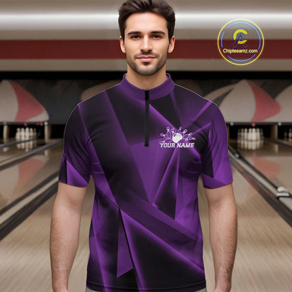 Man wearing a purple and black bowling shirt with a personalized name on a bowling alley background