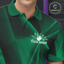 Load image into Gallery viewer, Green and black polo shirt with bowling design and 'Your Name' text on a blurred background
