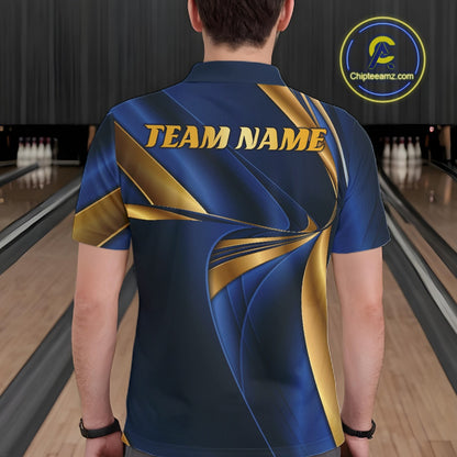 A man viewed from behind wearing a custom bowling shirt with a blue and gold abstract design and 'TEAM NAME' printed on the back. Bowling lanes are visible in the background, and a circular 'Chipteeamz.