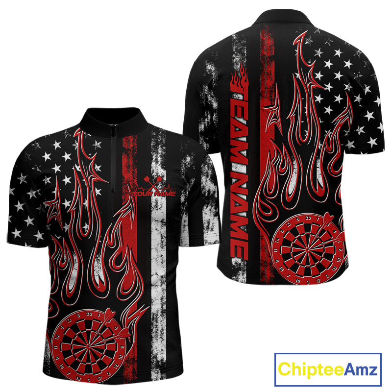 Custom Red Thin Line US Flag Patriotic Flame Dartboard Dart Men Quarter-Zip Shirts, Dart Jerseys IPHW9639