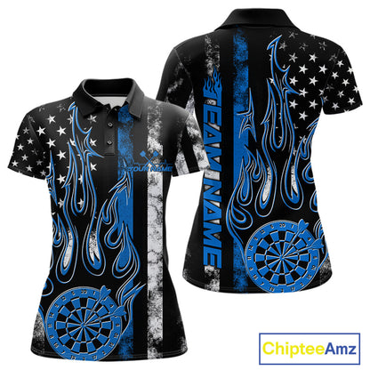 Custom Blue Thin Line US Flag Patriotic Flame Dartboard Women Polo Shirt, Dart Jersey IPHW9640