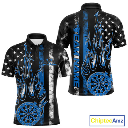 Custom Blue Thin Line US Flag Patriotic Flame Dartboard Dart Men Polo Shirts, Dart Jerseys IPHW9640
