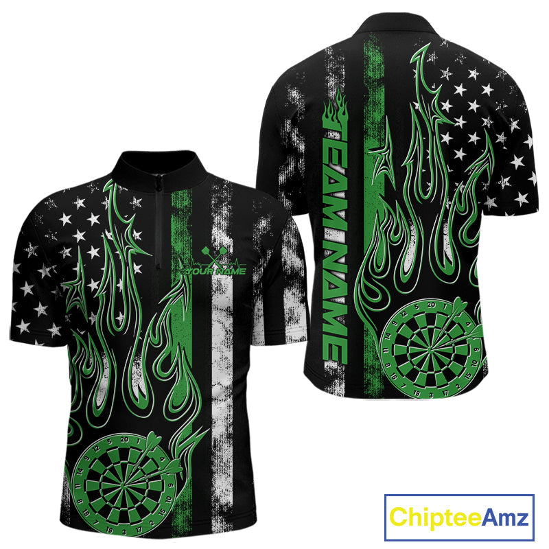Custom Green Thin Line US Flag Patriotic Flame Dartboard Dart Men Quarter-Zip Shirts, Dart Jersey IPHW9641