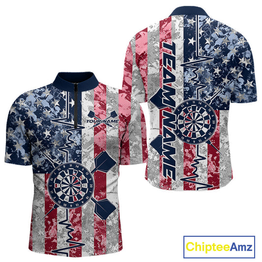 Custom US Flag Patriotic Dart Pulse Line Quarter-Zip Shirts For Men, Dart Team Shirt IPHW9649