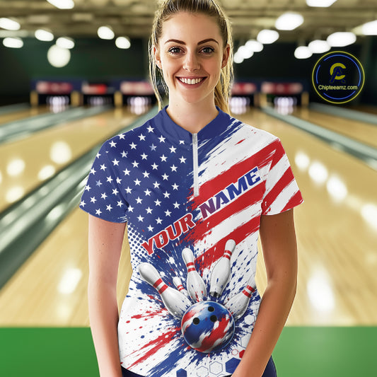 Custom Patriotic American Bowling Women Quarter-Zip Shirt, Splatter Bowling Jersey IPHW11844