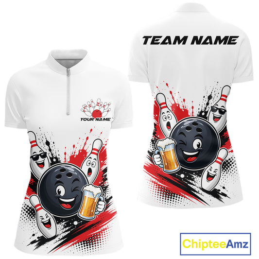 Custom Red Funny Beer Bowling Women Quarter-Zip Shirt, Beer Drinking Party Bowling IPHW11850