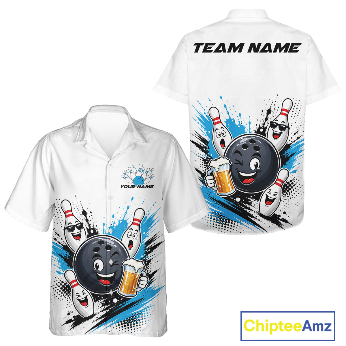 Custom White And Blue Funny Beer Bowling Men And Women Button Up Shirt, Beer Drinking Party Bowling IPHW11851