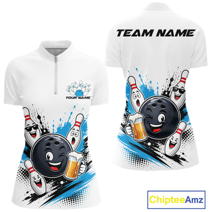 Custom Blue Funny Beer Bowling Women Quarter-Zip Shirt, Beer Drinking Party Bowling IPHW11851