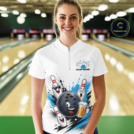 Custom Blue Funny Beer Bowling Women Quarter-Zip Shirt, Beer Drinking Party Bowling IPHW11851