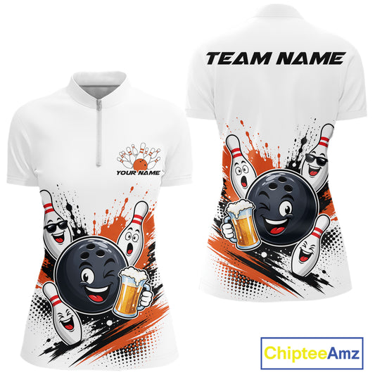 Custom Orange Funny Beer Bowling Women Quarter-Zip Shirt, Beer Drinking Party Bowling IPHW11852