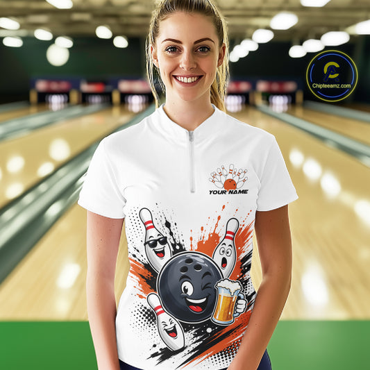 Custom Orange Funny Beer Bowling Women Quarter-Zip Shirt, Beer Drinking Party Bowling IPHW11852