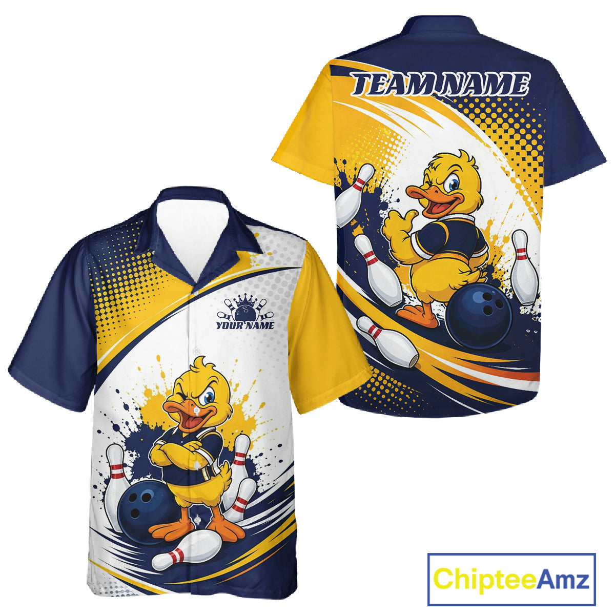 Custom Blue And Yellow Funny Duck Bowling Team Men And Women Button Up Shirt, Bowling Jersey IPHW11856