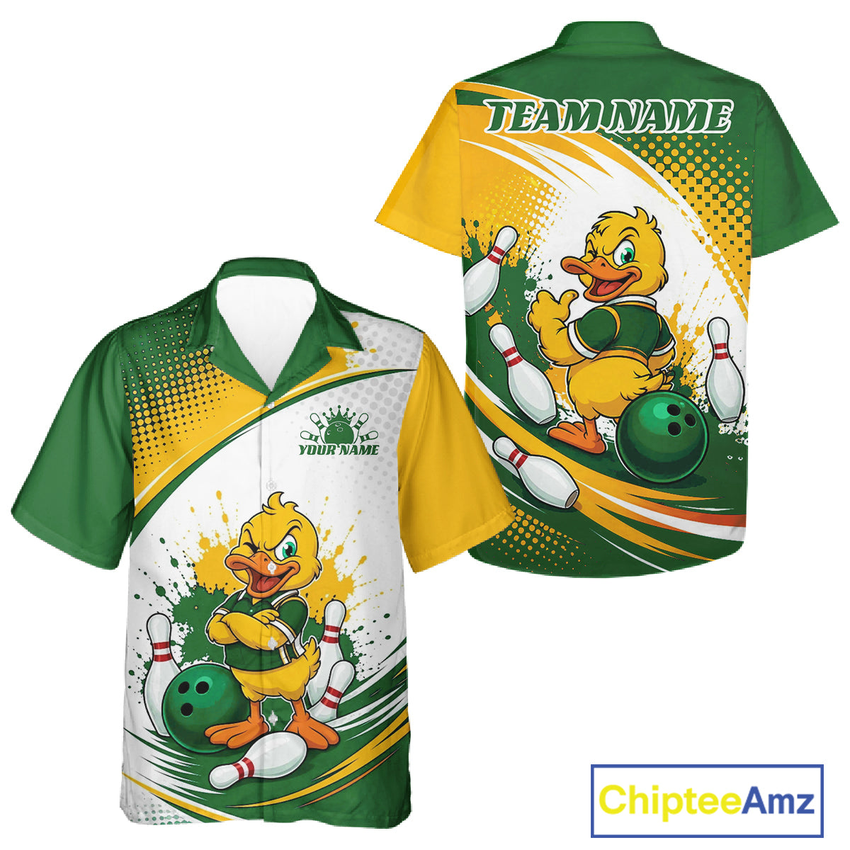 Custom Green And Yellow Funny Duck Bowling Team Men And Women Button Up Shirt, Bowling Jersey IPHW11857