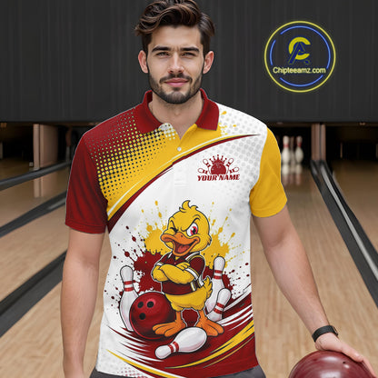 Custom Red And Yellow Funny Duck Bowling Team Men Polo Shirt, Bowling Jersey IPHW11858