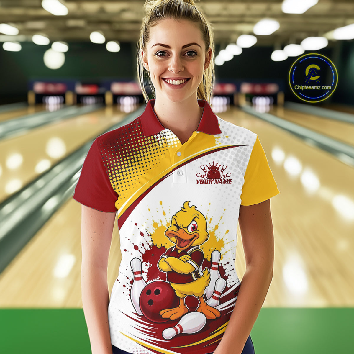 Custom Red And Yellow Funny Duck Bowling Team Women Polo Shirt, Bowling Jersey IPHW11858