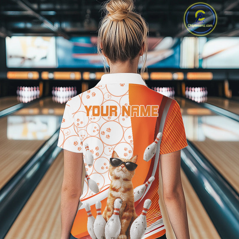 Custom Funny Smirk Orange Cat With Sunglasses Bowling Team Women Polo Shirts IPHW10104