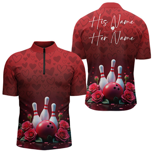 Red Heart Theme Custom Valentines Bowling Quarter-Zip Shirt For Men, Couple Bowling Outfits IPHW8357