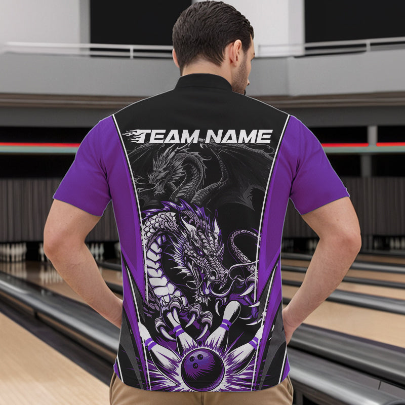 Custom Black And Purple Dragon Bowling Quarter-Zip Shirts For Men, Dragon Bowling Tournament Uniform IPHW8554