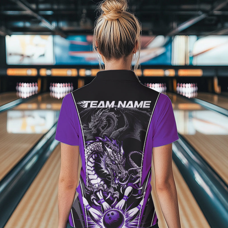 Custom Black And Purple Dragon Bowling Womens Quarter-Zip Shirt, Bowling Tournament Uniform IPHW8554