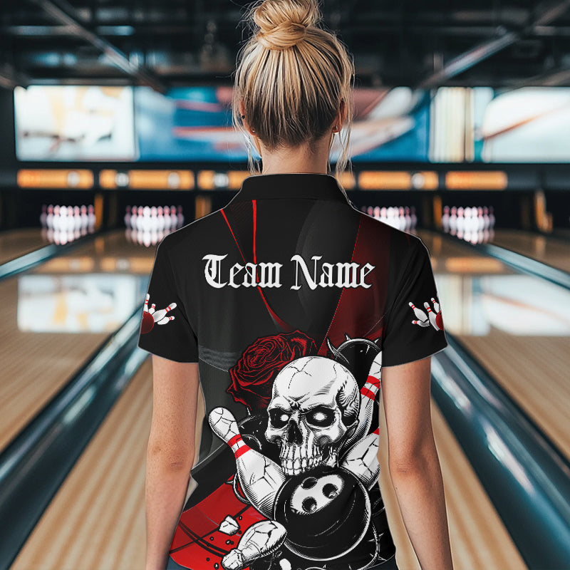 Custom Black And Red Roses Skull Bowling Team Women Quarter-Zip Shirt, Skull Bowling Jersey IPHW8870