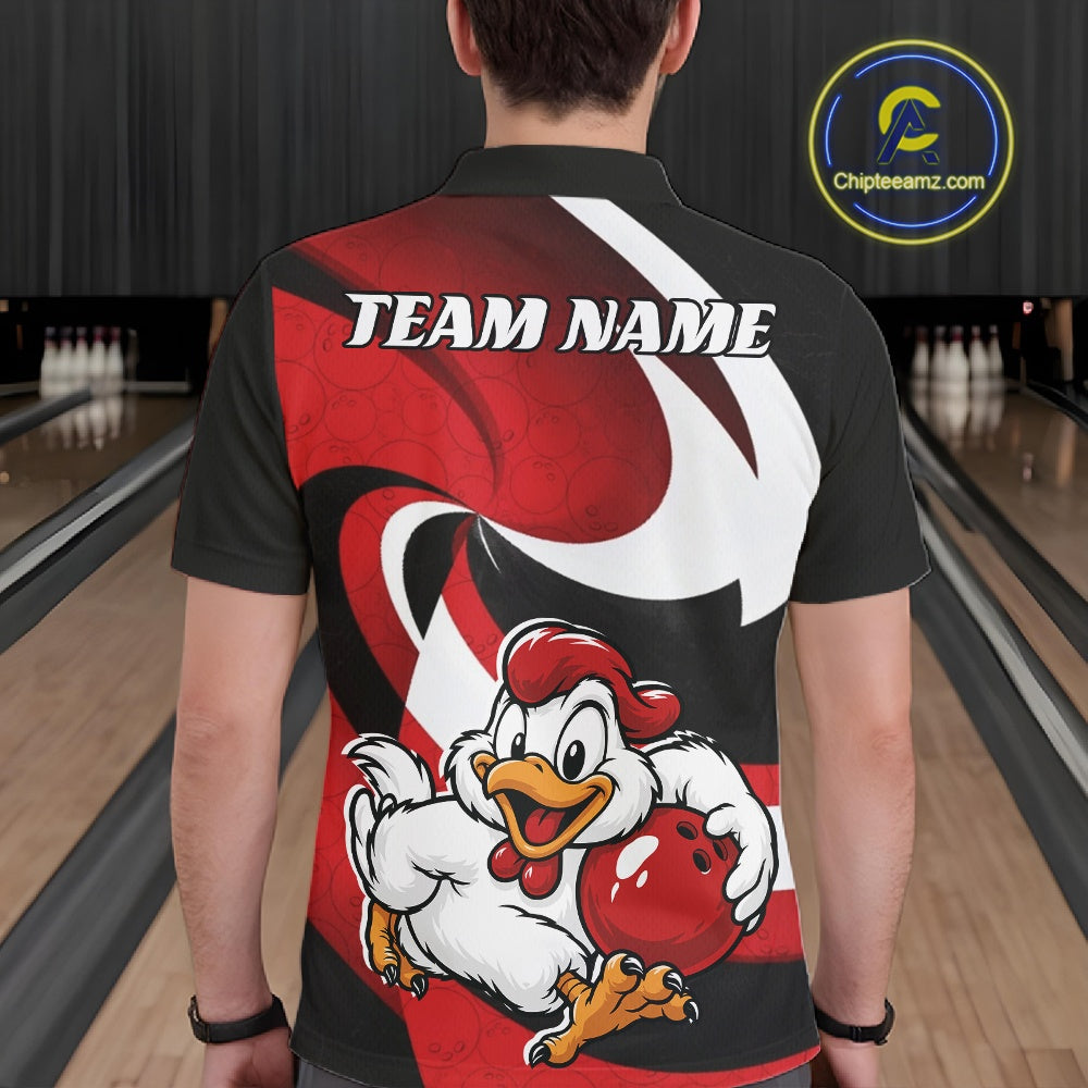 A person viewed from behind wearing a black short-sleeve collared shirt with a large red, white, and black graphic on the back, featuring a cartoon rooster holding a red bowling ball and the text 'TEAM NAME'.