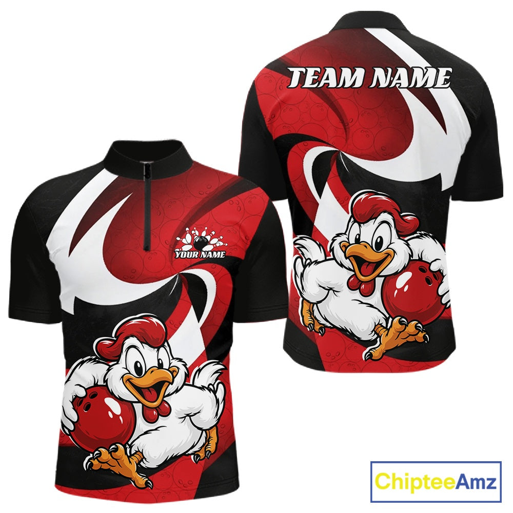 Custom short-sleeve athletic jersey shown in front and back views, featuring a red, black, and white abstract design with a cartoon chicken holding a bowling ball, plus customizable text areas
